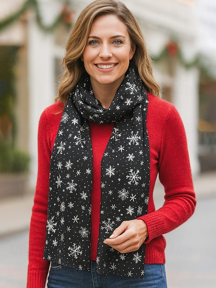 Bufanda navideña de copo de nieve para mujer, diseño festivo en rojo y blanco con copos de nieve metálicos, material de poliéster suave, perfecta para fiestas navideñas y ropa de invierno. 2026 - $14.99 –P2