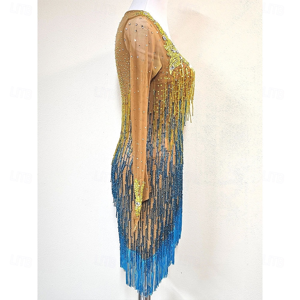 Women’s Gold and Blue Latin Dance Dress with Crystal Rhinestones and Fringed Details for Salsa, Tango, and Dance Performance 2026 - $365.69 –P7