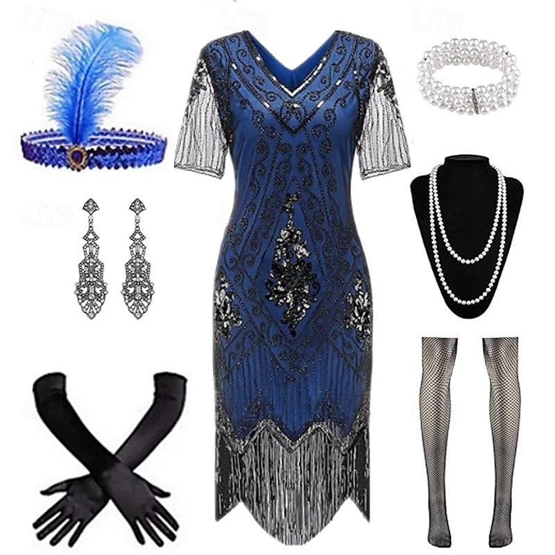 Set Rétro Vintage Années Folles Années 1920 Mi-long Robe Charleston Robe de cocktail Costume élégant avec accessoires Manches courtes Gatsby le Magnifique Fille Flapper Paillettes Frange à pompons de 2026 ? $52.99 –P2