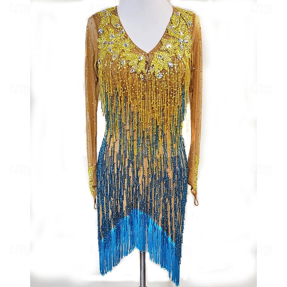 Women’s Gold and Blue Latin Dance Dress with Crystal Rhinestones and Fringed Details for Salsa, Tango, and Dance Performance 2026 - $365.69 –P1