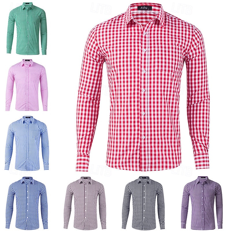 Men's Shirt Dress Shirt Casual Shirt Plaid Shirt Button Up Shirt Red Long Sleeve Checkered Lapel Daily Business Clothing Apparel Cotton Blend Fashion Smart Casual 2026 - $26.99 –P1