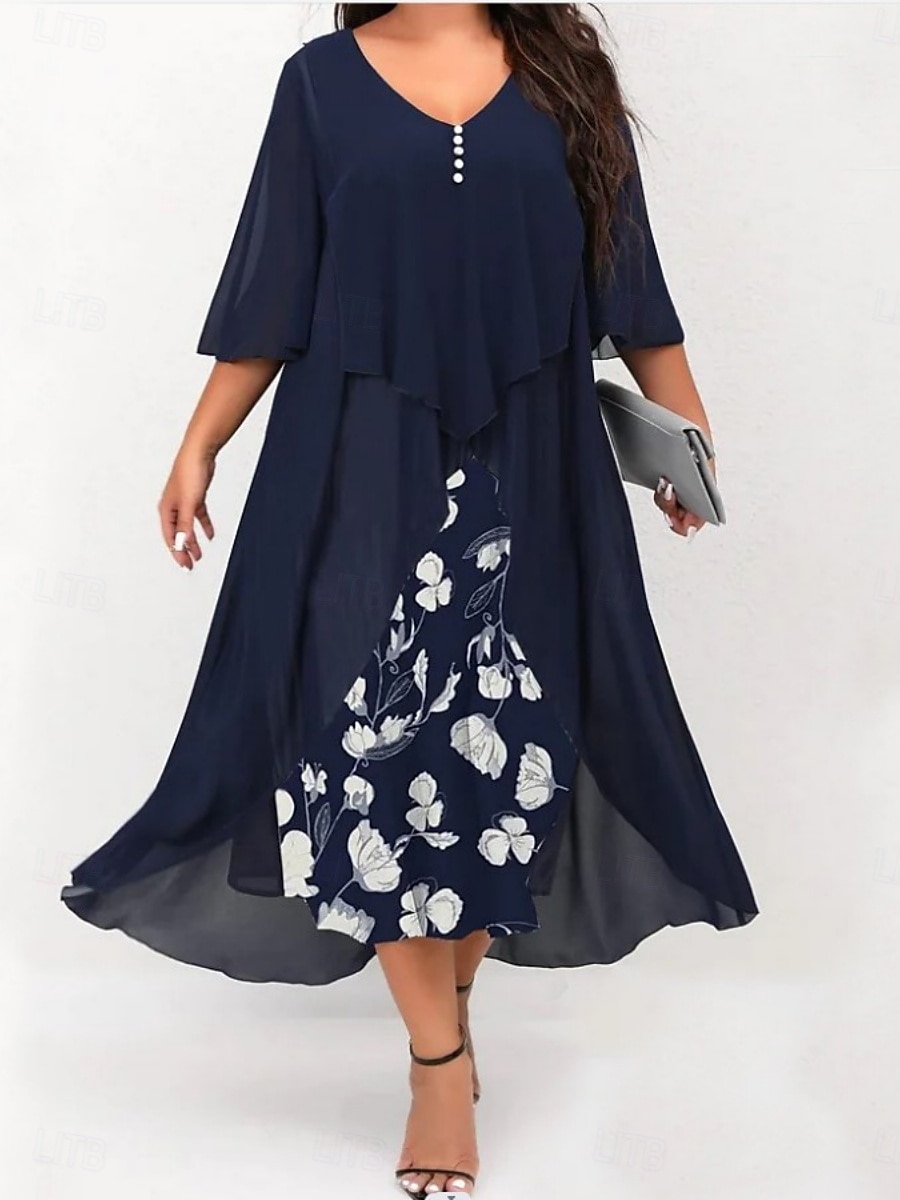 Pentru femei Mărime Plus Rochie casual Floral În V Lungime Manșon 3/4 Primăvară Toamnă Elegant Modă Modern Casual Rochii Midi Zilnic Concediu Rochie 2026 - $37.99 –P4