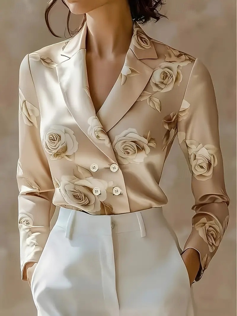 Per donna Blusa Fiore Vintage Quotidiano Manica Lunga Colletto a Camicia Top Regolari Vino Verde Albicocca Primavera, Autunno, Inverno, Estate del 2025 a $22.99 –P2