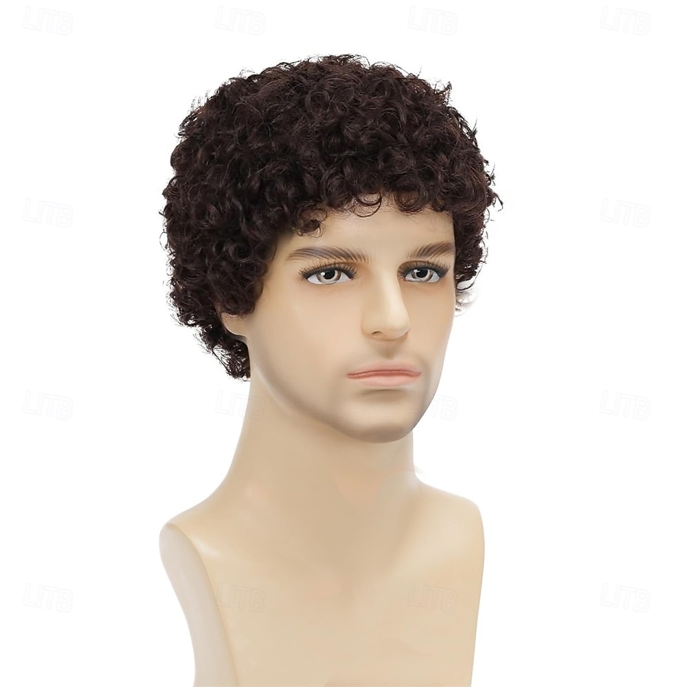 Afrokiharat tummanruskeat miesten lyhyet synteettiset halloween-cosplay-asuperuukit korvaavat hiusperuukit 2026 - $21.99 –P5