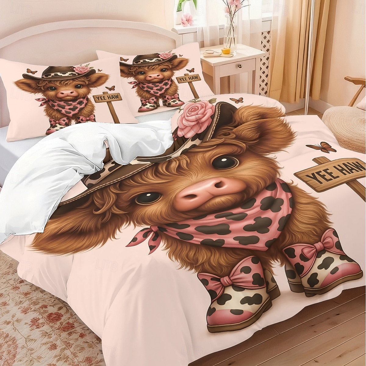 Conjunto de capa de edredom de 3 peças com estampa de vaca das terras altas e flores fofas para cama grande, capa de edredom curta e macia com 2 fronhas – roupa de cama para quarto de hotel, de 2025 por $33.99 –P3