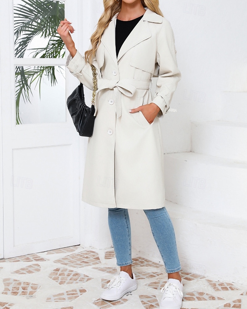 Dam Imitationsläderjacka Trenchcoat Bekväm Ficka Knappar Ledigt Slät Semester Dagliga kläder Utekväll Helgen Lång Nedvikt Normal Långärmad Ytterkläder Marin Svart Kamel Vår Höst 2025 - $68.99 –P1