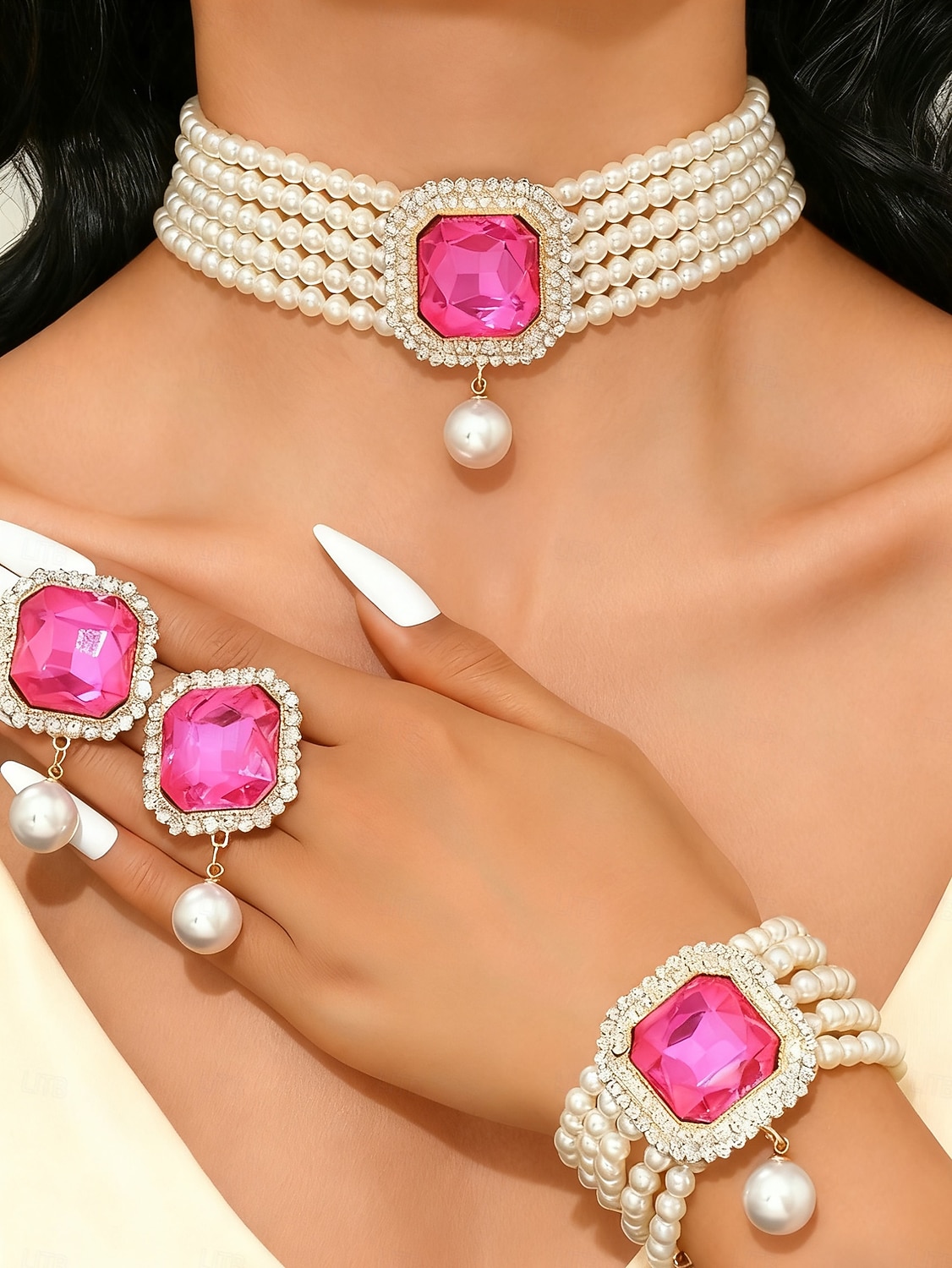 Dámská sada 3 šperků s perlami a zelenými drahokamy, vintage choker, náramek &prsten na vánoční večírky, vánoční dárky &elegantní večery 2026 - $14.99 –P2