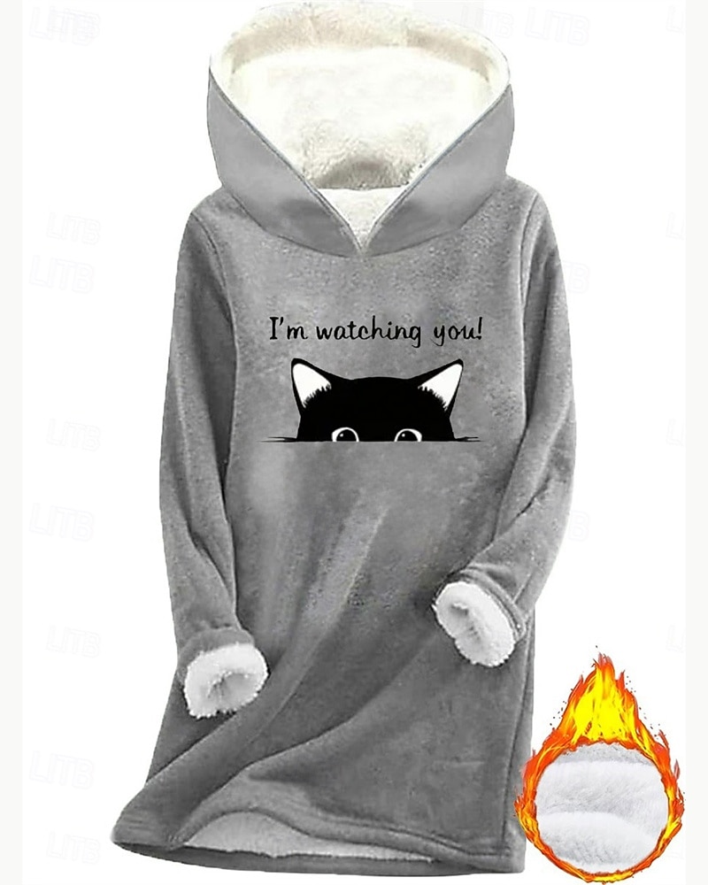 Mulheres Pulôver Moletom Com Capuz Imprimir Forrada com Fleece Gráfico Gato Quente Casual Velo Sherpa Manga Longa Com Capuz Tops longos Casual Rua Dia a Dia Azul Rosa Escuro Cinzento Outono Inverno de 2026 por $25.99 –P1