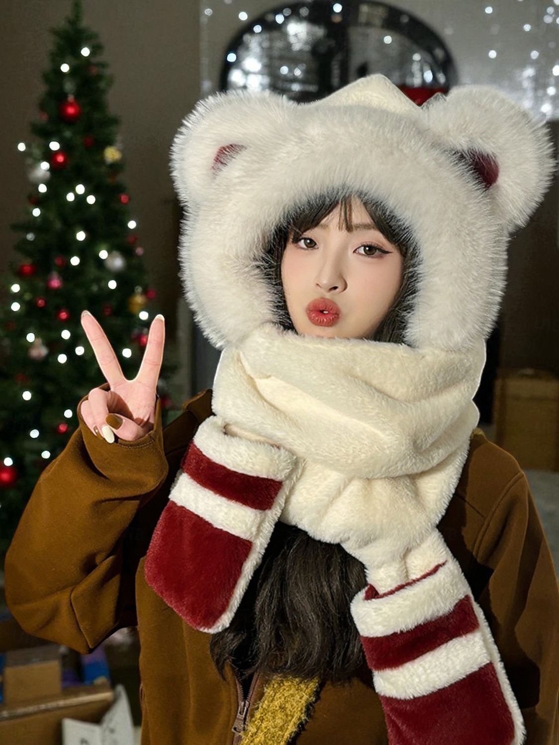 Dámská vánoční sada šály a rukavic, kapuce s výšivkou Santy a stromečku, teplý zimní sváteční doplněk 2026 - $19.99 –P6