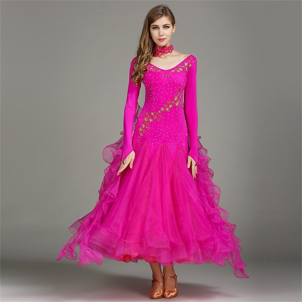 женское платье для бальных танцев, розовое, с цветочным принтом и стразами, многослойное, элегантное, для выступлений в стиле вальс-фокстрот 2026 - $155.99 –P6