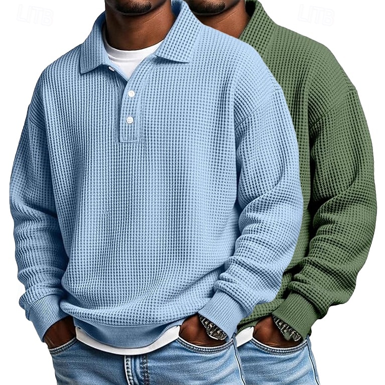 2 stuks heren wafel poloshirts golf shirt formeel zakelijk klassiek lange mouwen mode effen kleur 2 stuks multi-pack herfst lente &herfst regular fit wit paars blauw wafel poloshirts 2025 - $40.99 –P7