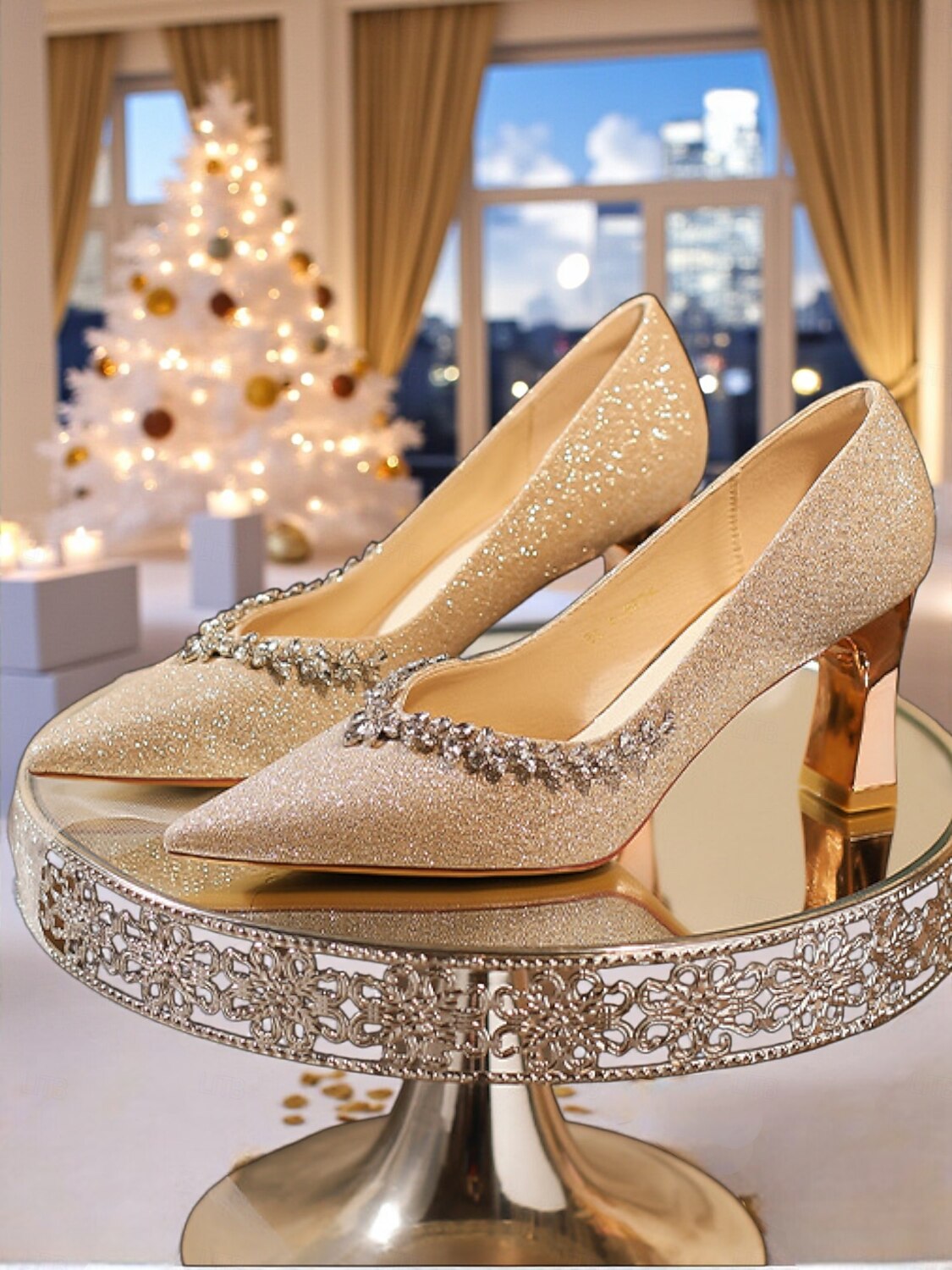 Zapatos de tacón de punta puntiaguda con purpurina dorada y ribete de diamantes de imitación para mujer, elegantes zapatos de tacón medio para ocasiones formales y cócteles. &eventos nocturnos 2026 - $54.99 –P2