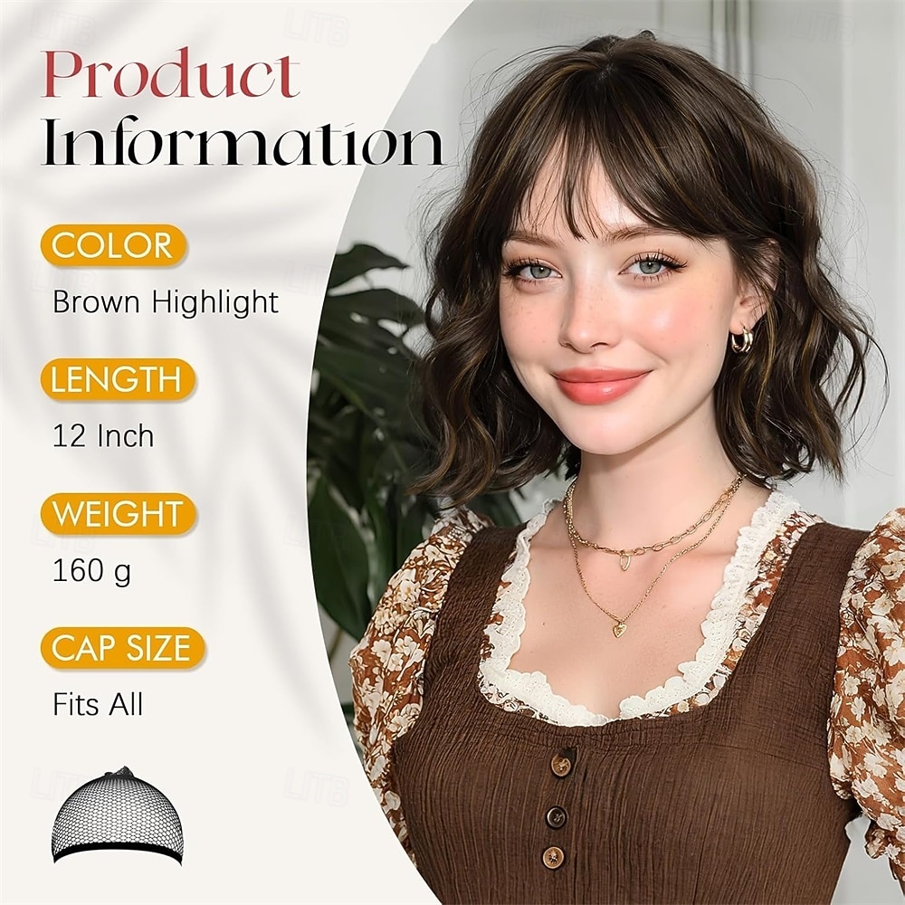 Короткий волнистый коричневый парик с мелированием - 12-дюймовый парик боб с челкой для женщин, кудрявый парик боб до плеч с челкой, мягкие синтетические парики для девочек, повседневное использование 2026 - $21.99 –P2