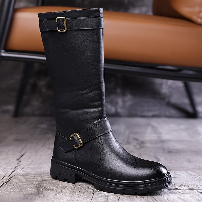 Bottes d'équitation montantes en similicuir marron pour homme avec sangle à boucle, bottes hautes équestres vintage pour la mode et les costumes de 2025 ? $69.99 –P7