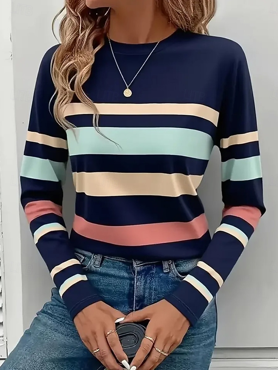 Mujer Camiseta Estampado Graphic A Rayas Vintage Moda Elegante Manga Larga Cuello Barco Tops regulares Diario Fin de semana Azul Piscina Blanco Caqui Otoño Invierno 2026 - $24.99 –P1