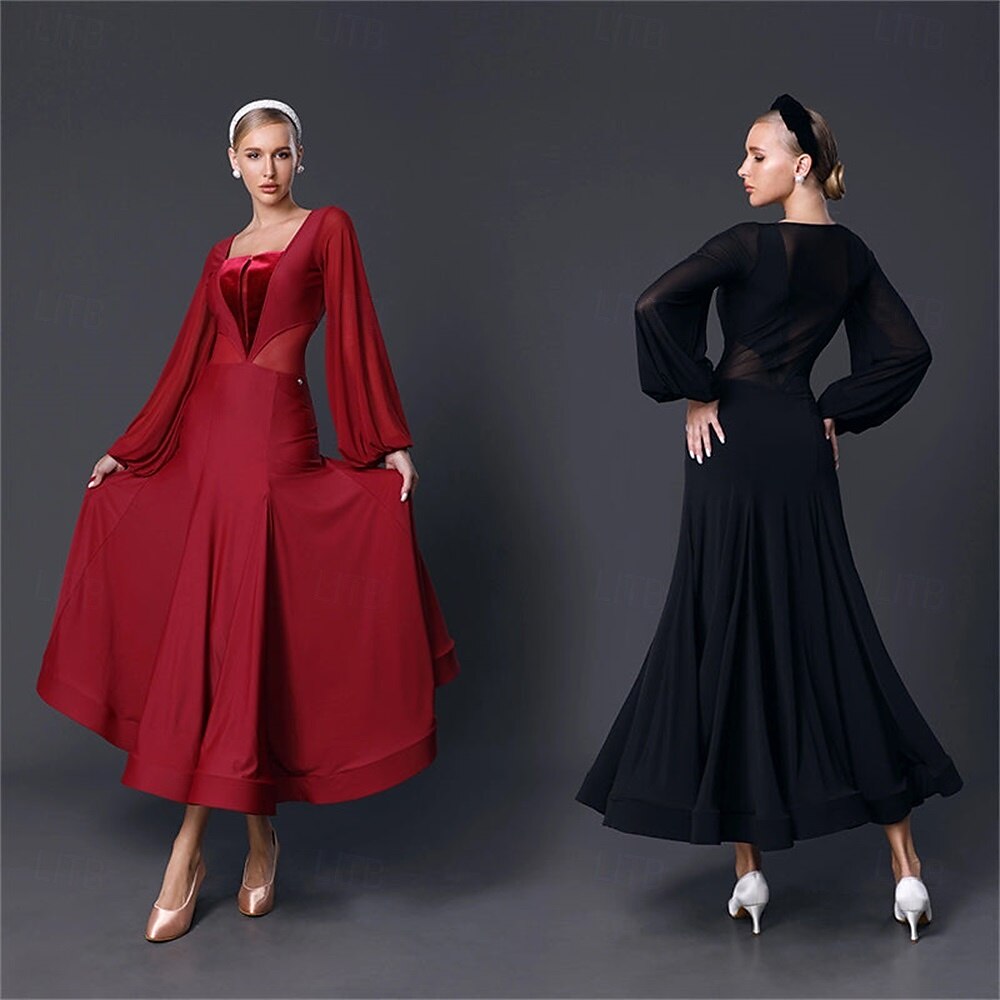 abito da ballo da sala da donna in chiffon nero a maniche lunghe, elegante abito da competizione per valzer, tango, foxtrot del 2026 a $327.09 –P8
