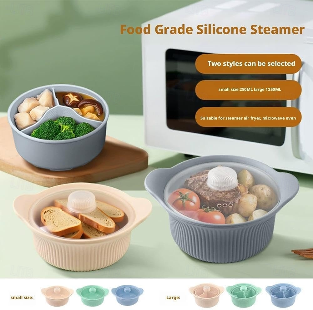 סיר אידוי סיליקון למיקרוגל 42oz, 3 תאים, סיר אידוי סיליקון 4 ב-1 עם ידית ומכסה לירקות, דגים, הכנת ארוחות, מזון לתינוקות, תנור &בטוח למדיח כלים, קל לניקוי 2026 - $15.99 –P3