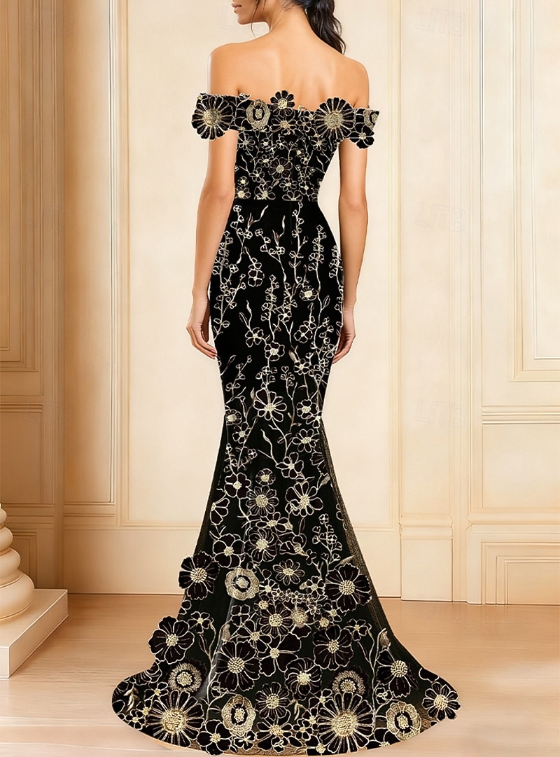 Sereia Vestidos de noite Elegante Traje formal Formal Casamento Longo Sem Manga Ombro a Ombro Tule com Apliques 2025 de 2025 por $154.99 –P3