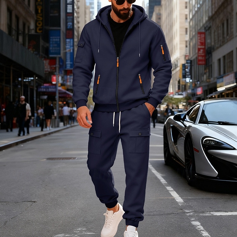 Men's Tracksuit Outfit Set Hoodies Set Hoodie Outdoor Daily Sports Drawstring Zip Up Pocket Plain Black Navy Blue Brown Polyester Activewear Fashion Streetwear Fall 2026 - $56.99 –P6