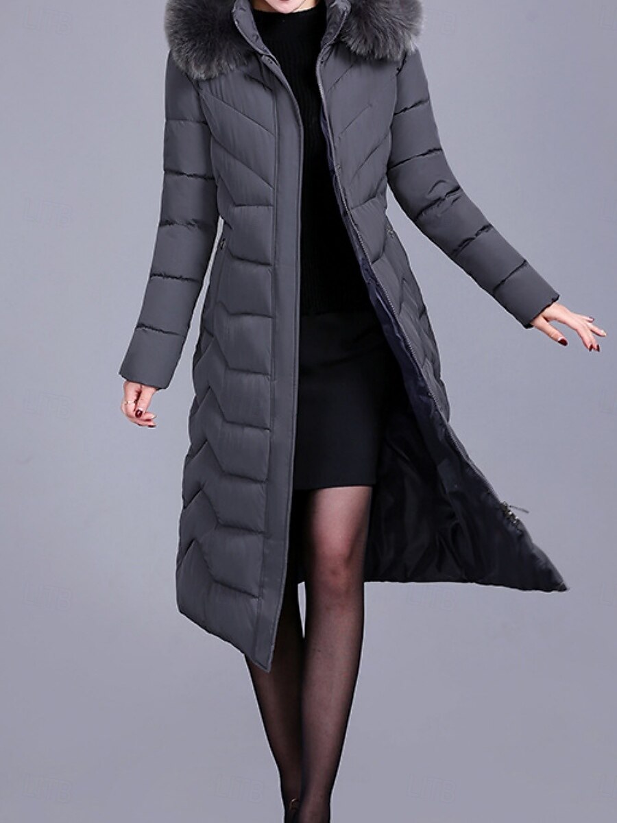 Dam Anorak Bekväm Andningsfunktion Dragkedja Ficka Knappar Pälskrage Ledigt Slät Semester Gata Ledigt Dagliga kläder Dragkedja Lång Huva Normal Långärmad Ytterkläder Svart Vin Rubinrött Vår Höst 2025 - $71.99 –P6