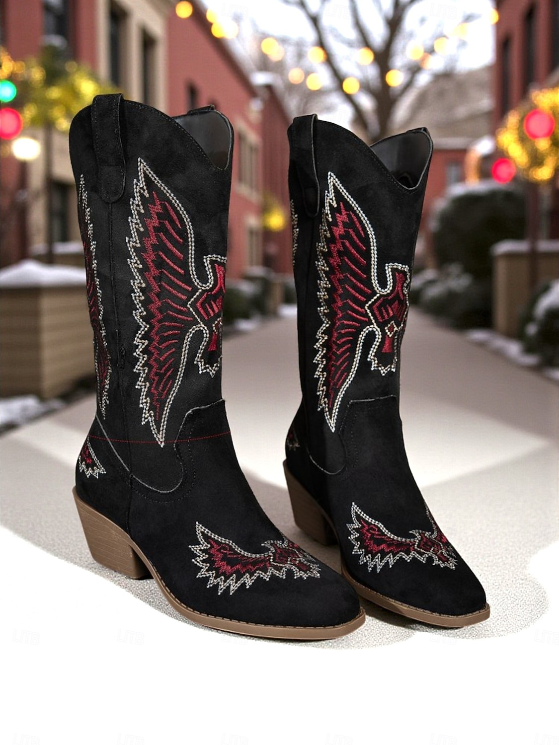 Женские ковбойские сапоги в стиле вестерн из зеленой замши с вышивкой и массивным каблуком — модные ковбойские сапоги в стиле бохо для рождественских фестивалей, уличной моды и повседневных мероприятий 2026 - $42.99 –P3