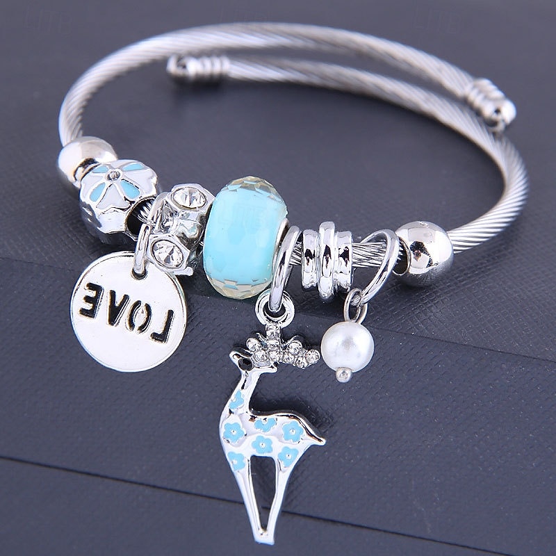 pulseira de prata charmosa com pingente de amor e pingente de rena, pulseira ajustável de contas de cristal para mulheres de 2026 por $11.99 –P1