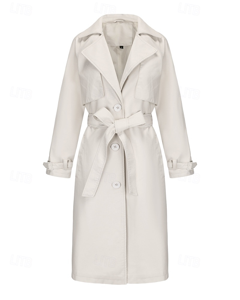 Dam Imitationsläderjacka Trenchcoat Bekväm Ficka Knappar Ledigt Slät Semester Dagliga kläder Utekväll Helgen Lång Nedvikt Normal Långärmad Ytterkläder Marin Svart Kamel Vår Höst 2025 - $68.99 –P5