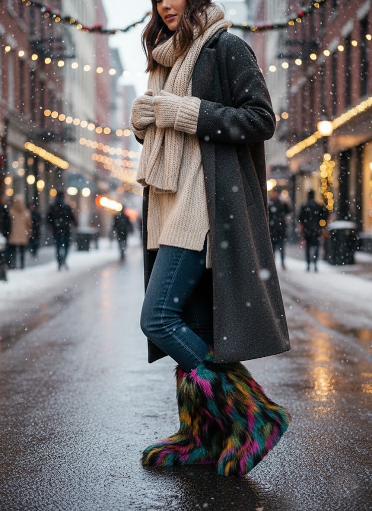 Women's Multicolor Faux Fur Festival Boots, Fluffy Rainbow Knee-High Snow Boots for Rave, Party & Winter Music Festivals 2025 - $46.99 –P1