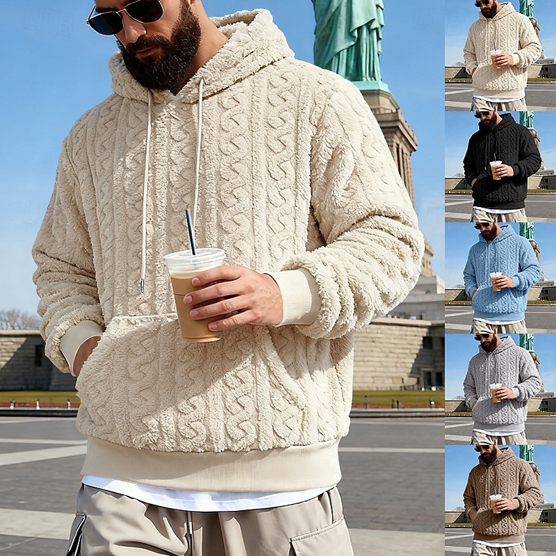 Men's Jacquard Hoodie Fleece Hoodie Apricot Black Brown Gray Light Blue Hooded Plain Kangaroo Pocket Textured Sports & Outdoor Casual Daily Streetwear Cool Sportswear Fall Winter Clothing Apparel 2026 - $28.99 –P1