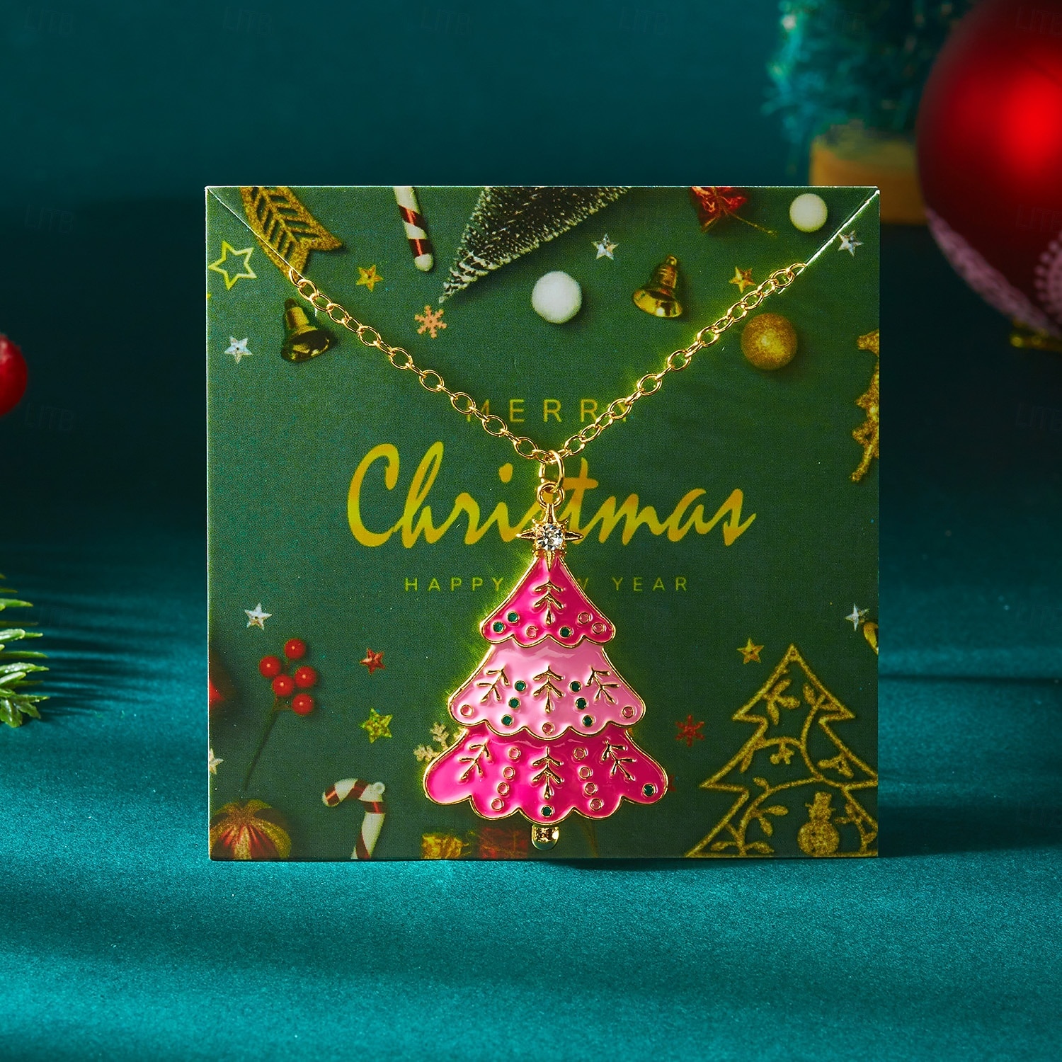 2026年 女性用ピンクのクリスマスツリージュエリーセット、ゴールドトーンのエナメルネックレスとイヤリング、冬のパーティーやギフトに最適なホリデーアクセサリー &衣装  コレクション – $11.99 –P4