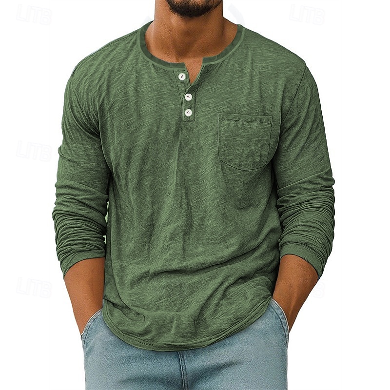 Herren T Shirt Henley Hemd T-Shirt Langarmshirt Langarm Henley Frühling Herbst Einfach Mode Designer Basic Taschen Urlaub Straße Ausgehen Schwarz Weiß Rote Top T-Shirt für Herren 2025 - $21.99 –P9