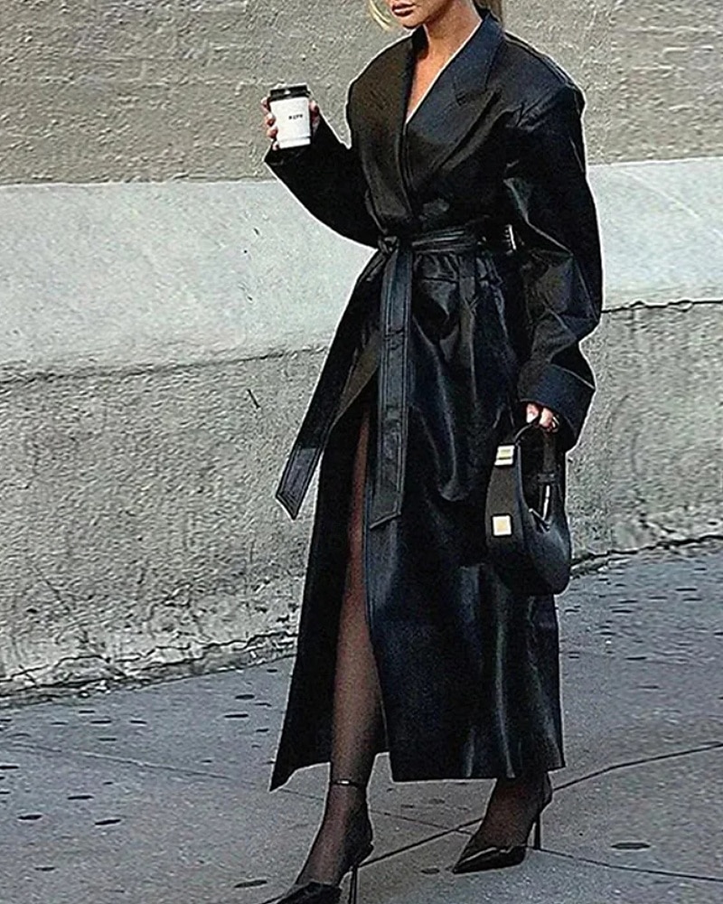 Dam Imitationsläderjacka Trenchcoat Håller värmen Bekväm Ficka Knappar Mode Slät Formell Utomhus Semester Ledigt Lång Nedvikt Normal Långärmad Ytterkläder Svart Mörkröd Höst Vinter 2025 - $67.99 –P13