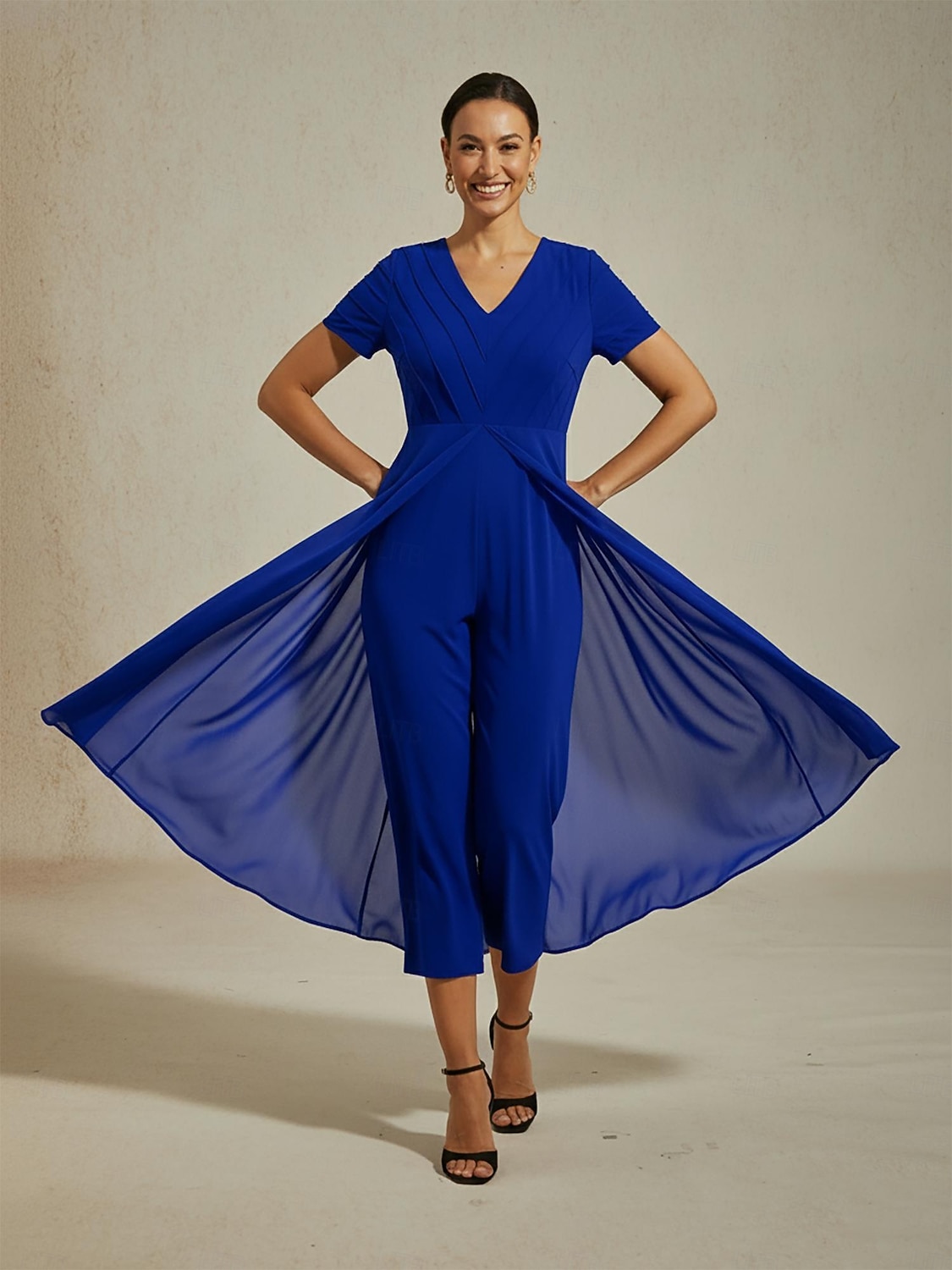 Damen-Jumpsuit, königsblau, V-Ausschnitt, getäfeltes Design, zweiteilig, fließend, transparenter Look, Stretchstoff, lässig, Frühling, Sommer, Herbst 2025 - $114.99 –P2