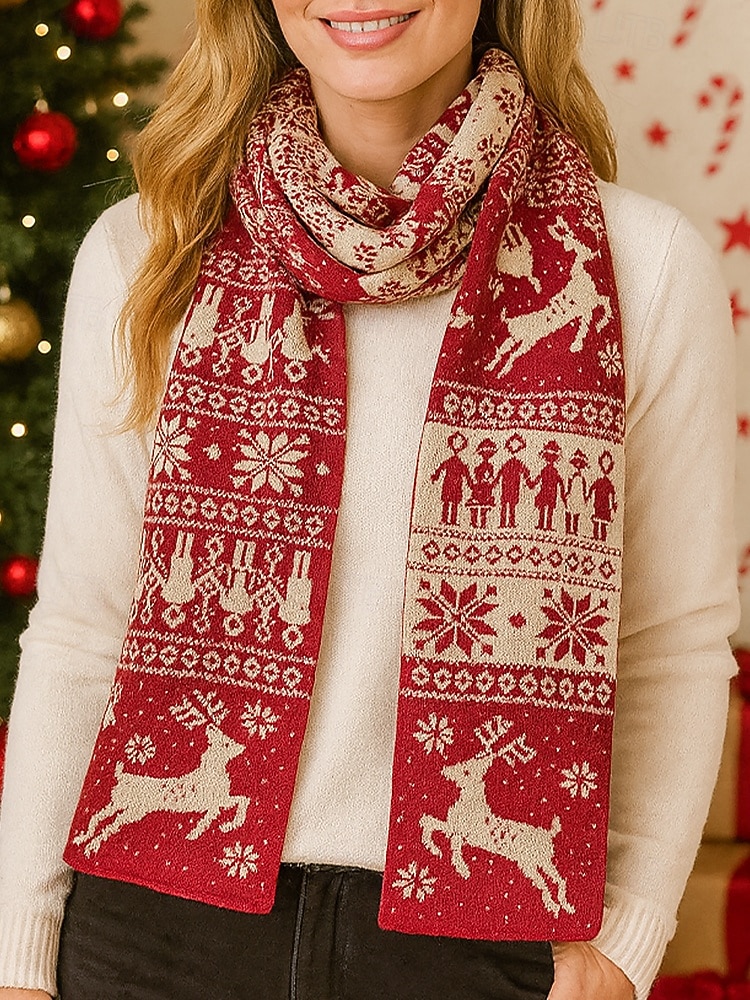 Écharpe de Noël pour femme en maille avec motif renne – matière acrylique, motif festif pour les fêtes et les vêtements d'hiver de 2026 ? $19.99 –P2