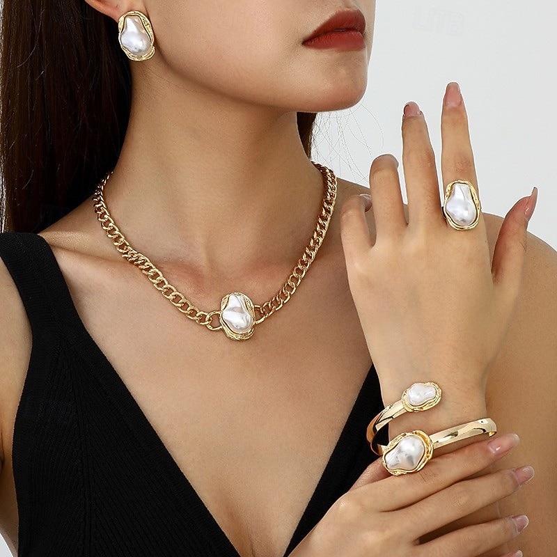Women's Gold Pearl Jewelry Set for Party - Chunky Chain Necklace, Statement Earrings, Bracelet and Ring, Baroque Style Elegant Accessories for Evening & Formal Events 2026 - $14.99 –P6