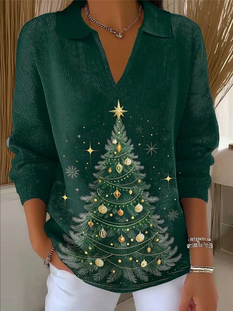 Dames Trui Casual Zacht Kerstboom Geribd V-hals Gebreid Lange mouw Normale tops breien Kerstmis Buiten Dagelijks Groen Herfst Winter 2026 - $39.99 –P1