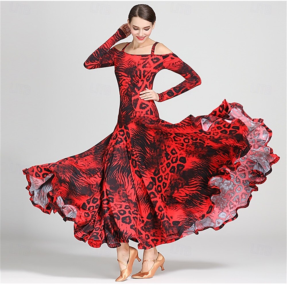 Animal Print Off-Shoulder Ballroom Dance Dress for Women - Long Sleeve A-Line Gown for Competitions, Latin, and Dance Events 2026 - $131.99 –P5