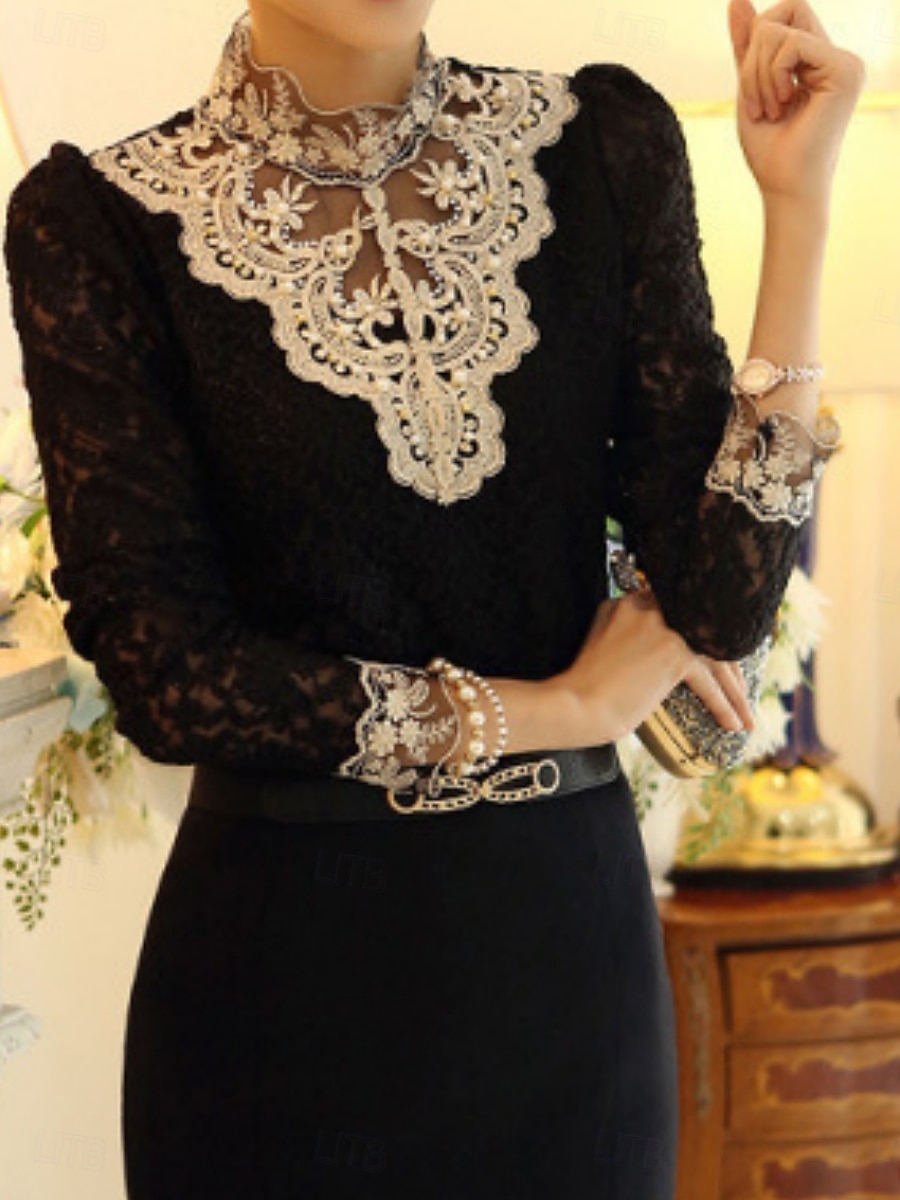 Női Blúz Tömör szín Elegáns Stílusos Alap Hosszú ujj Magasnyakú Normál felsők Napi Csipke Kollázs Fekete Sárgabarack Tavasz Ősz Tél 2025 - $16.99 –P6