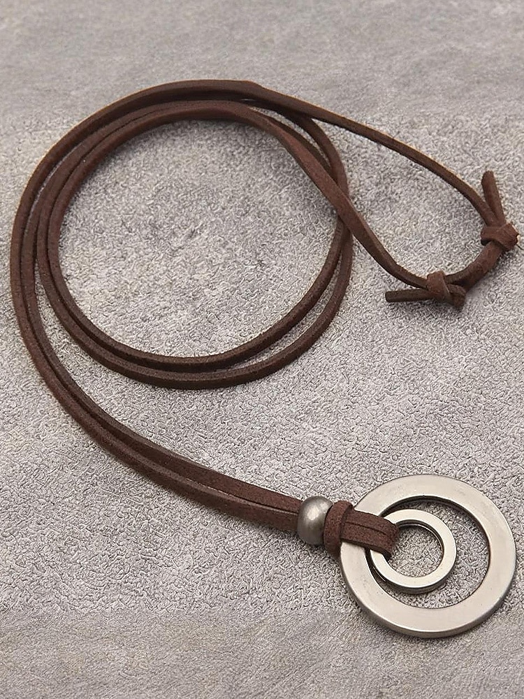 Justerbart halskjede med lærsnor for menn og dobbeltsirkelanheng – vintage, uformelt smykke for hverdagsbruk og utendørsstil 2025 - $9.99 –P5