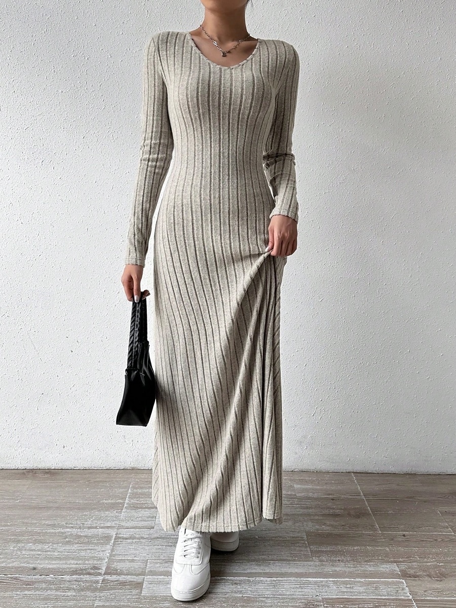 Dámské Svetrové šaty Elegantní Na běžné nošení Měkké Čistá barva Rýhovaný Do V Pletený Dlouhý rukáv Běžné topy Plést Venkovní Denní Víkend Černá Trávová zelená Podzim Zima 2026 - $24.99 –P8