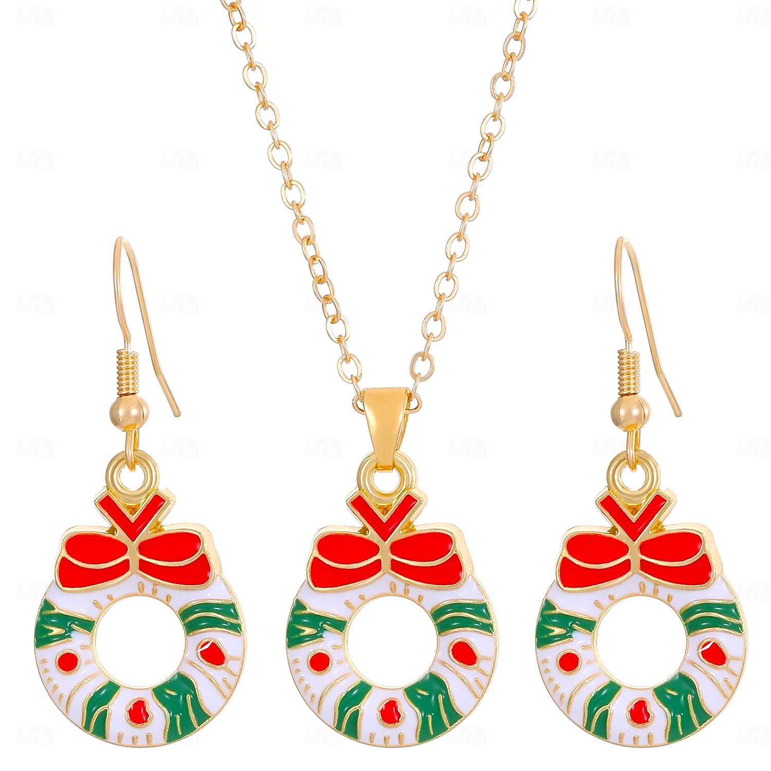 conjunto de joias de guirlanda de Natal – colar e brincos vermelhos e verdes com design de laço para mulheres de 2026 por $11.99 –P1