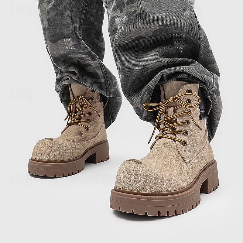 Per uomo Stivali Stivali da Lavoro Camminata Vintage Quotidiano PU Aumento Altezza Confortevole Stivali a Metà Polpaccio Allacciatura Tessuto almond Marrone scuro Nero Autunno Inverno del 2026 a $89.99 –P16