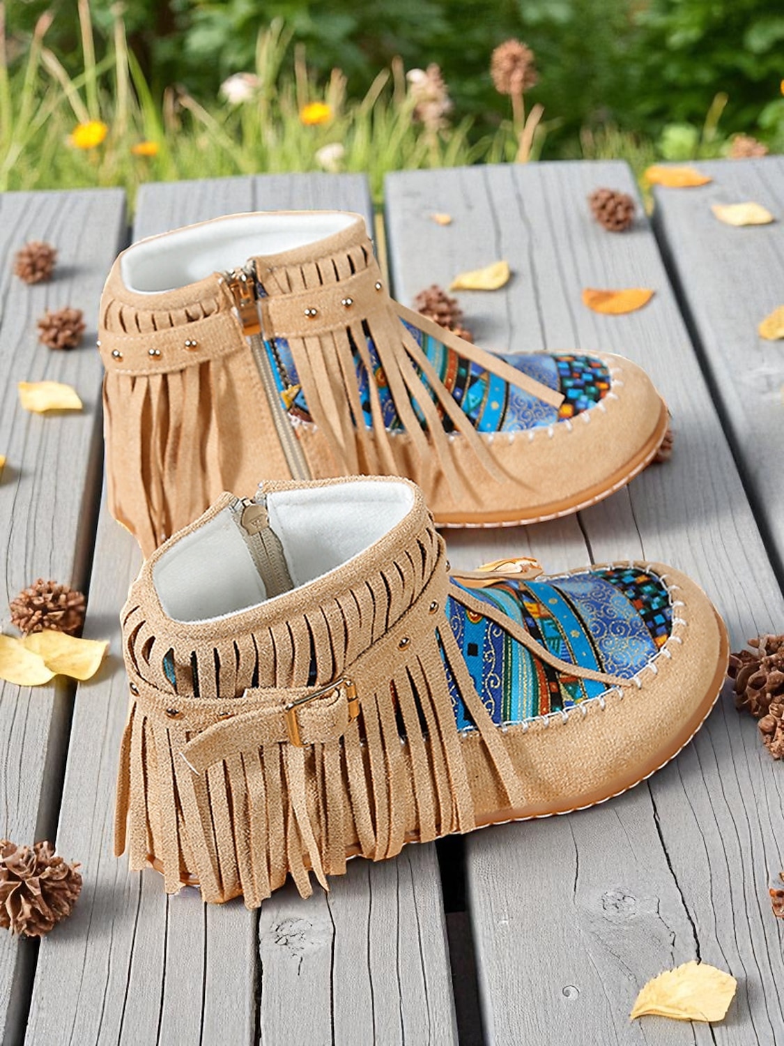 dames mocassinlaarzen met franjes en kleurrijke etnische print, casual enkellaarsjes voor herfstoutfits en festivals &dagelijks gebruik 2025 - $32.99 –P7