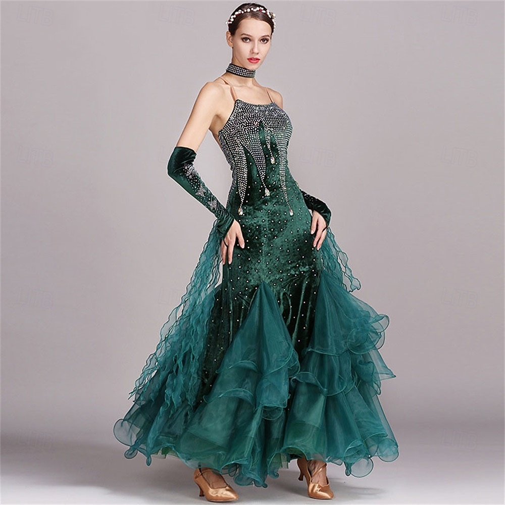 abito da ballo da sala da donna, verde smeraldo, in organza di velluto a rete con strass, a strati, per tango, valzer, foxtrot, competizione del 2026 a $225.69 –P1