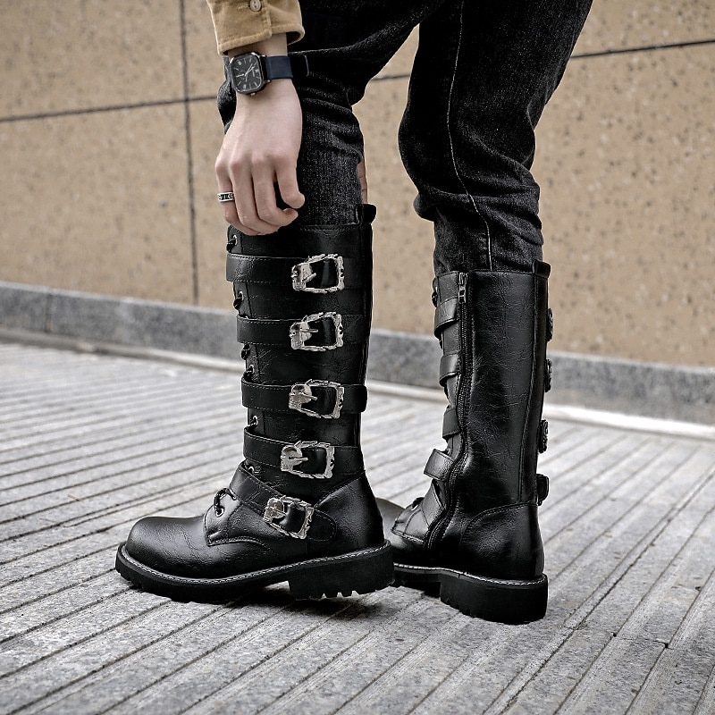 Bottes hautes pour hommes avec sangles à boucles multiples et design à lacets - chaussures de style combat punk gothique pour une tenue décontractée urbaine et la mode de rue de 2026 ? $64.99 –P1