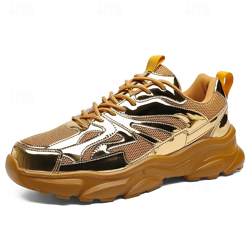 Sneakers da uomo color oro metallizzato con suola spessa e finitura riflettente, scarpe da corsa alla moda con lacci per abbigliamento streetwear, da festa e casual del 2026 a $46.99 –P1