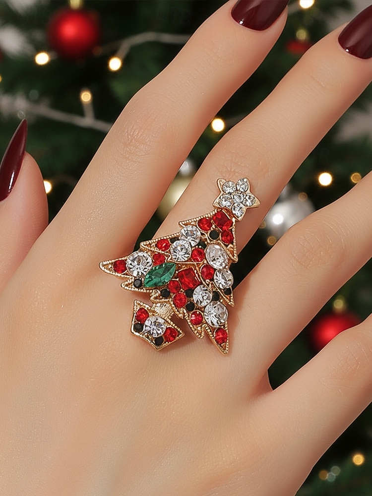 Anello da donna a forma di albero di Natale: materiali in lega e zirconia, design festivo con pietre rosse, verdi e trasparenti, perfetto per feste di Natale e regali del 2026 a $7.99 –P2