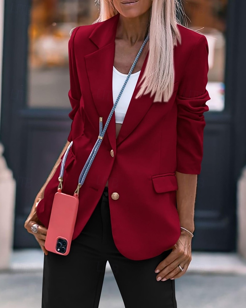 Women's Blazer Comfortable Pocket Buttons Active Plain Outdoor Vacation Going out Weekend Regular Turndown Regular Fit Long Sleeve Outerwear Black White Wine Fall Winter 2026 - $35.99 –P18