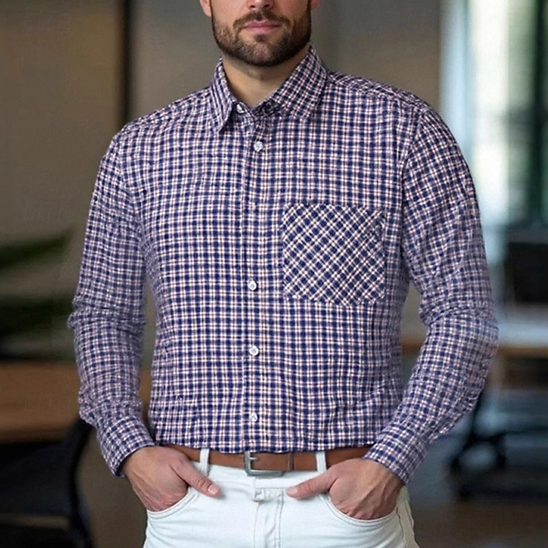 Men's Shirt Dress Shirt Button Up Shirt Plaid Wedding Daily Blue Sky Blue Dark Blue Long Sleeve Turndown Spring Fall Clothing Apparel Front Pocket 2026 - $30.99 –P3