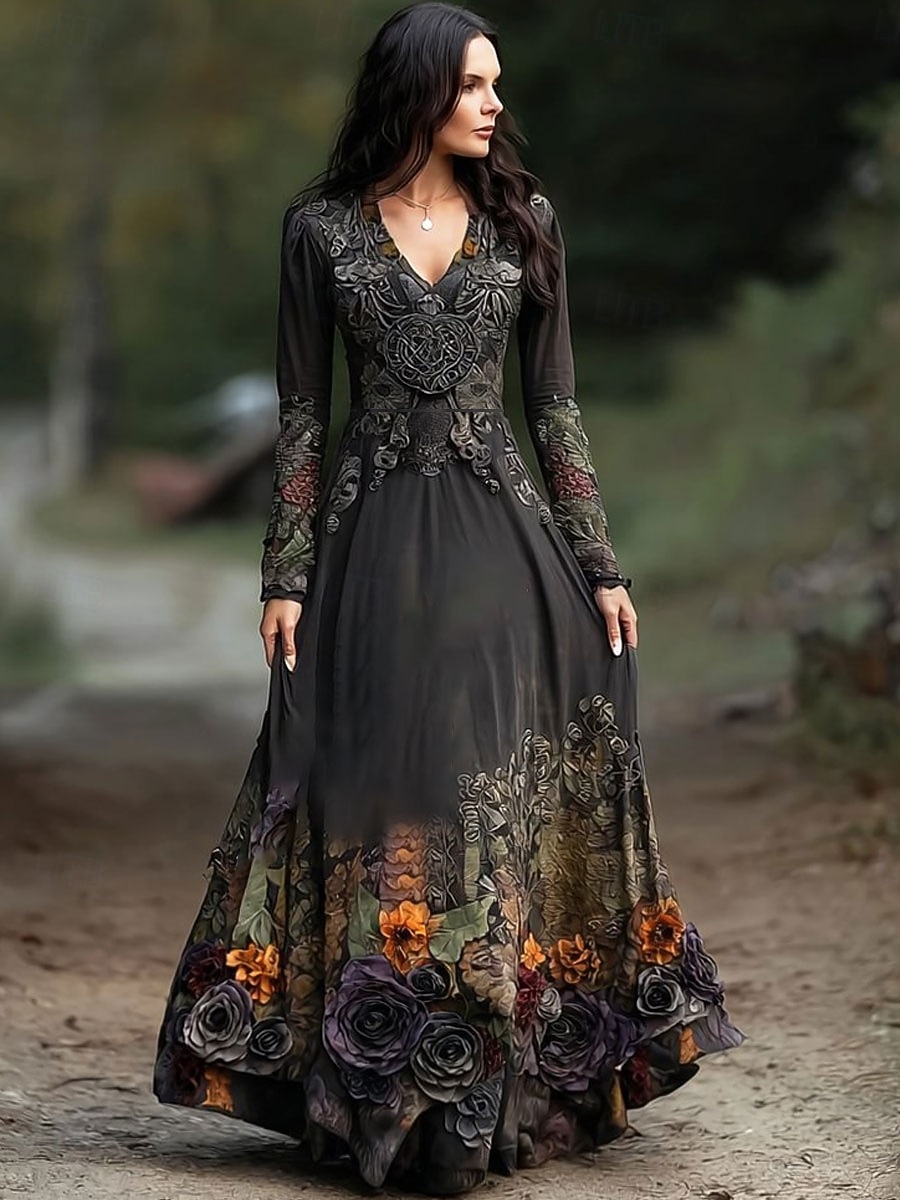 Per donna Abito maxi Abito a trapezio Abito Pieghettato Abito aderente e svasato Boho Data Vestibilità regolare Floreale Grafico Manica Lunga Scollo a V Nero Primavera Autunno Inverno del 2025 a $36.99 –P1